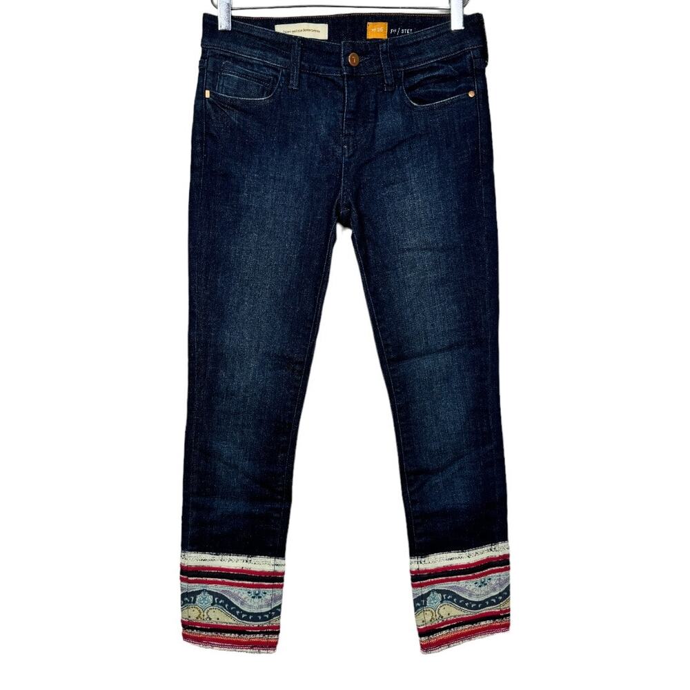 Anthropologie Pilcro Stet Embroidered Cuff Jeans 26 Straight Ankle Patchwork
